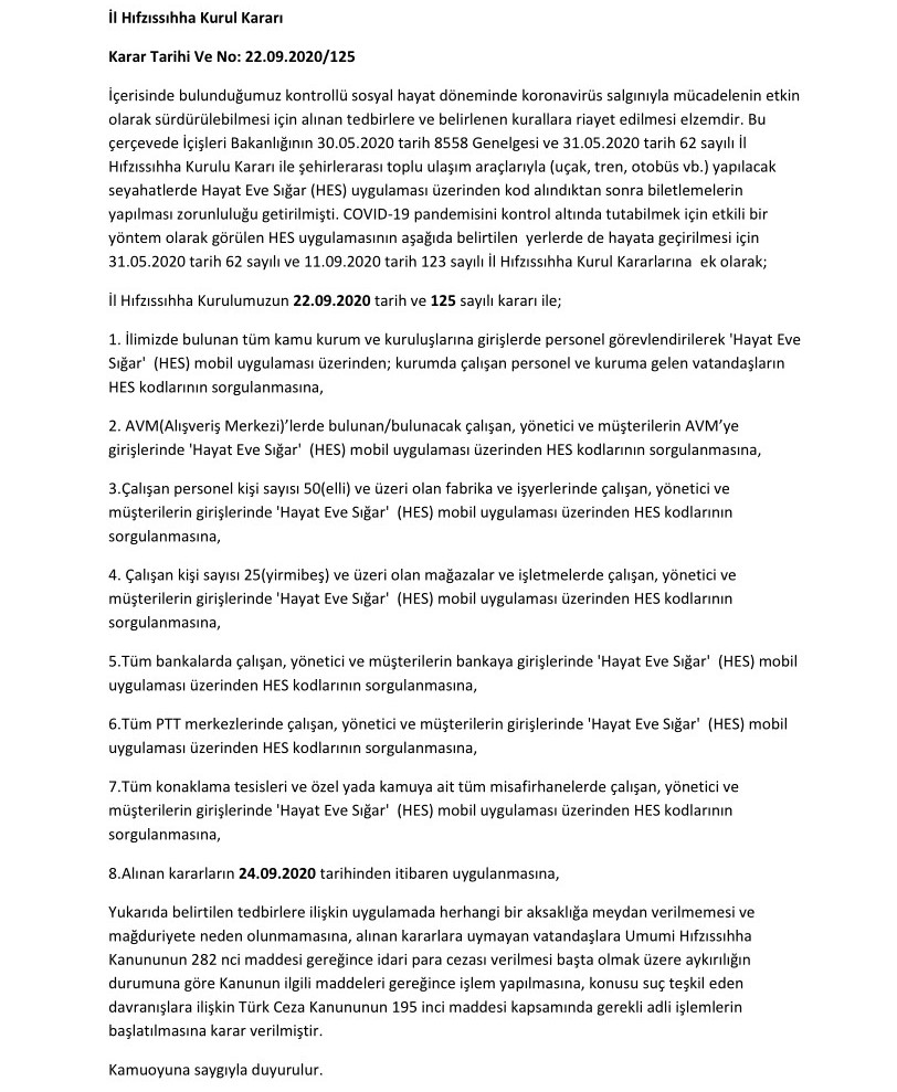Bursa Valiliği İl Hıfzıssıhha Kurulu Kararları
